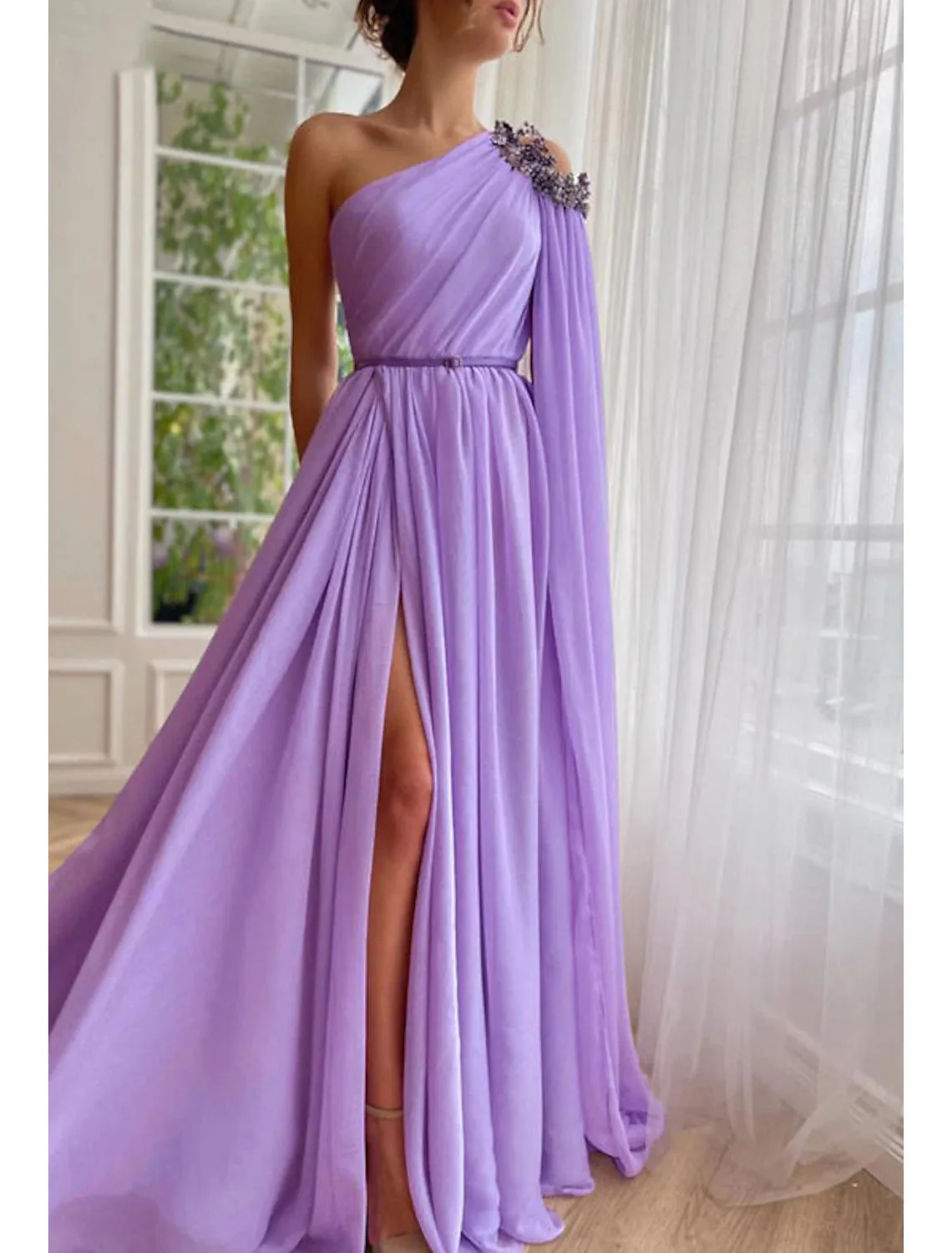 A-Line Evening Gown Elegant Dress Formal Wedding Guest Sweep / Brush Train Sleeveless One Shoulder Capes Chiffon with Slit Shawl