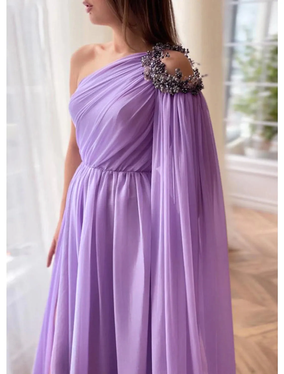 A-Line Evening Gown Elegant Dress Formal Wedding Guest Sweep / Brush Train Sleeveless One Shoulder Capes Chiffon with Slit Shawl