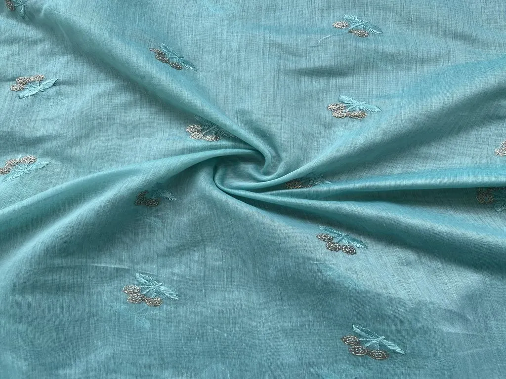 Baby Blue Motifs Sequins Embroidered Chanderi Fabric