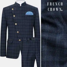 Baltic Blue Plaid Wool Rich Cross Placket Bandhgala Suit