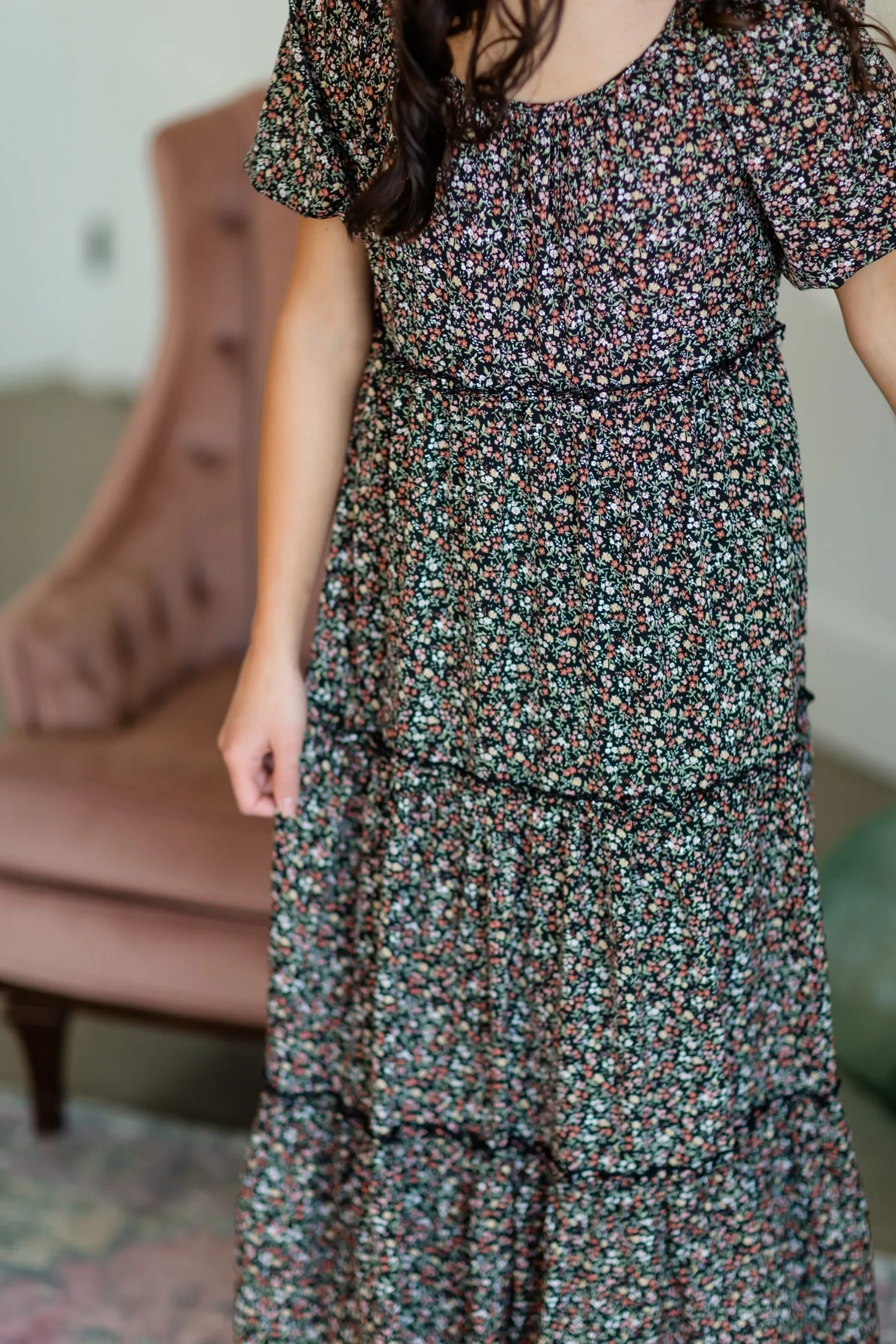 Black Puff Sleeve Tiny Floral Tiered Midi Dress - FINAL SALE