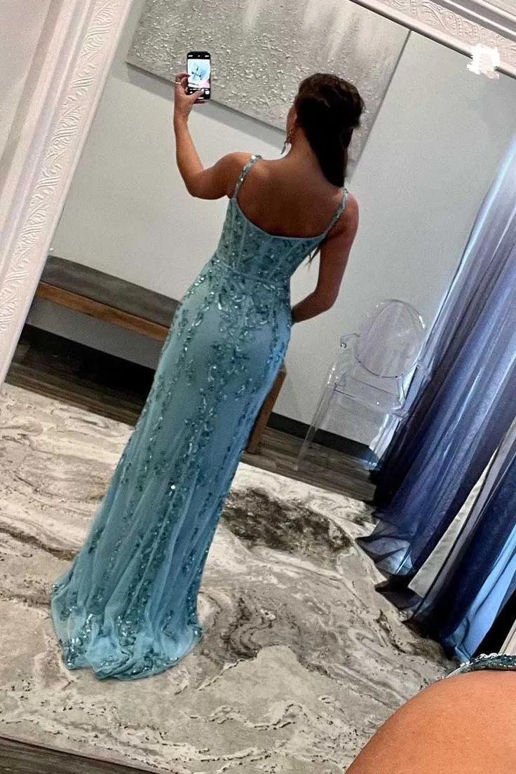 Blue Spaghetti Straps Sequined Mermaid Long Prom Dress with Slit,DP1478