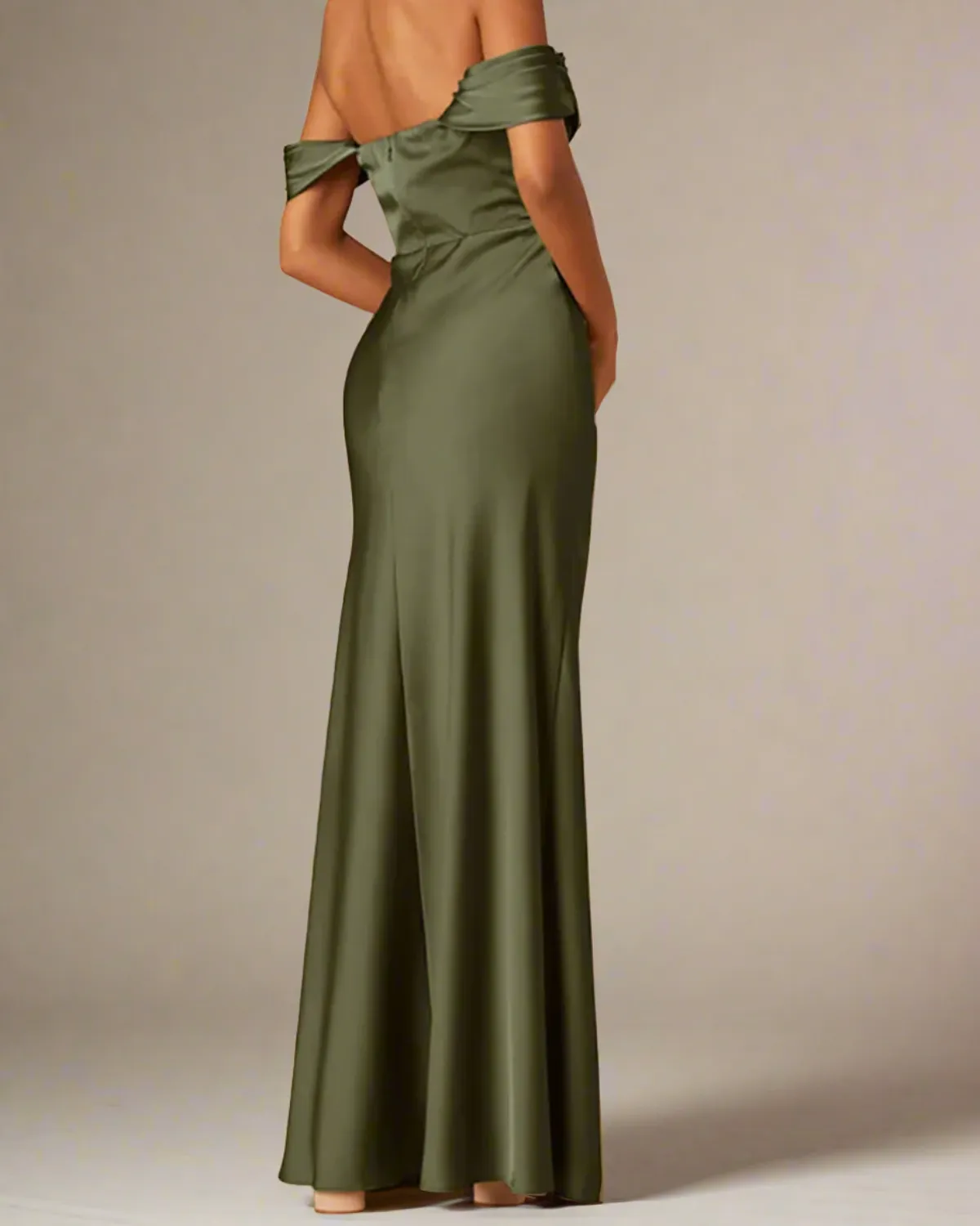 Brittany Olive Green Satin Bardot Long Evening Dress