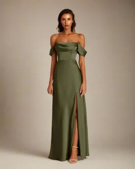 Brittany Olive Green Satin Bardot Long Evening Dress