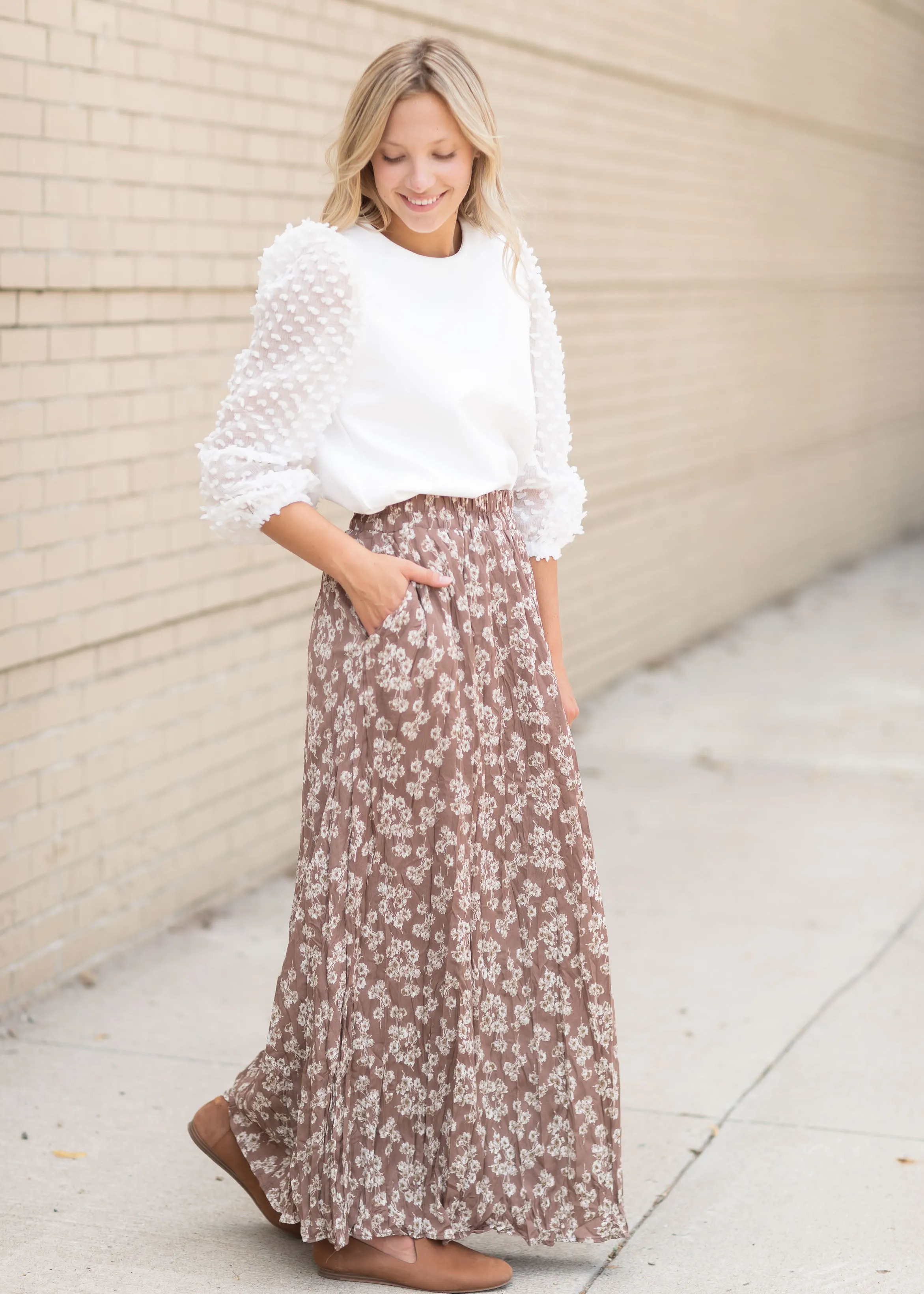 Brown Daffodil Pleated Maxi Skirt