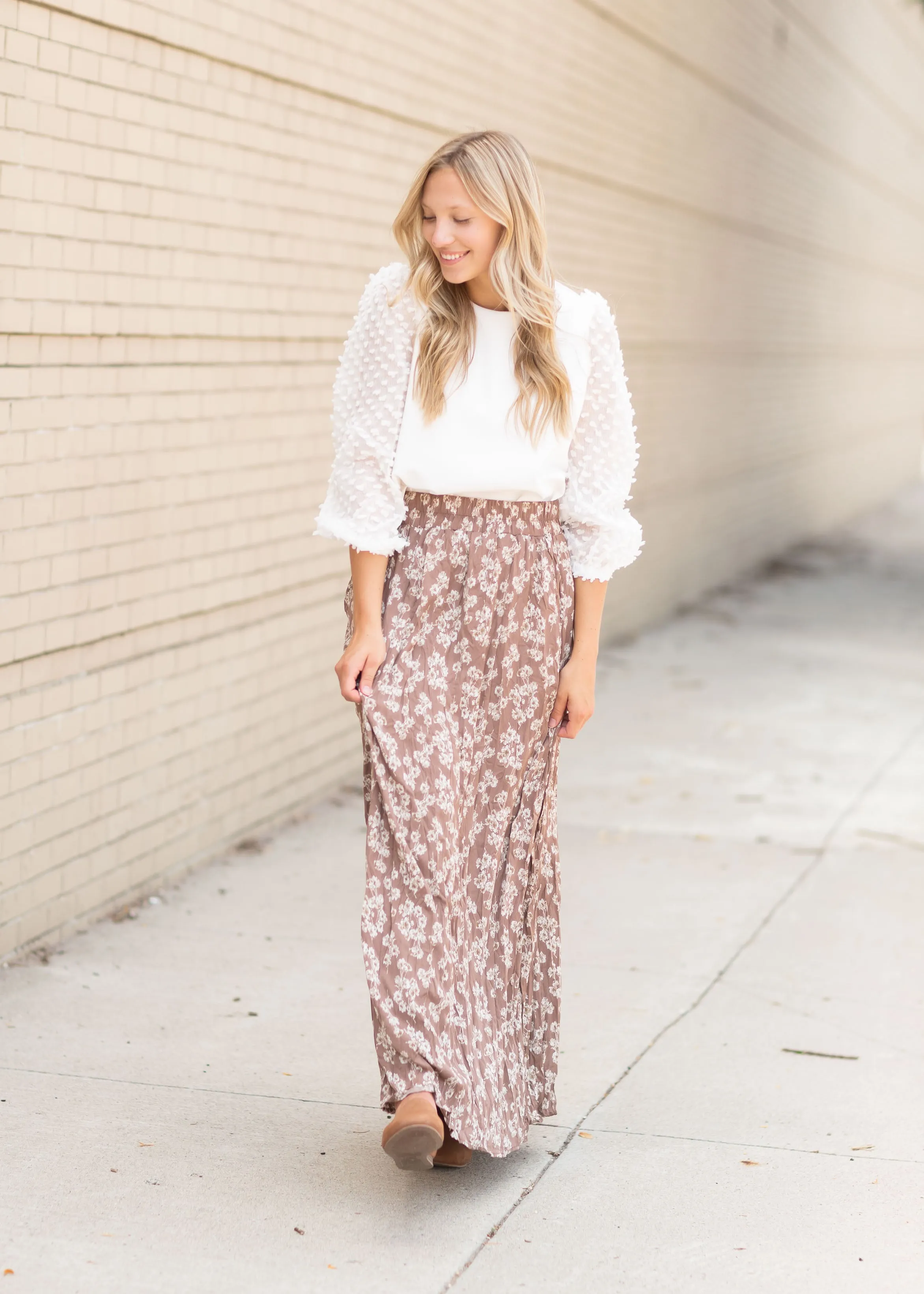 Brown Daffodil Pleated Maxi Skirt