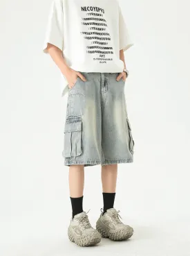 Faded Denim Bermuda Shorts with Cargo Pockets