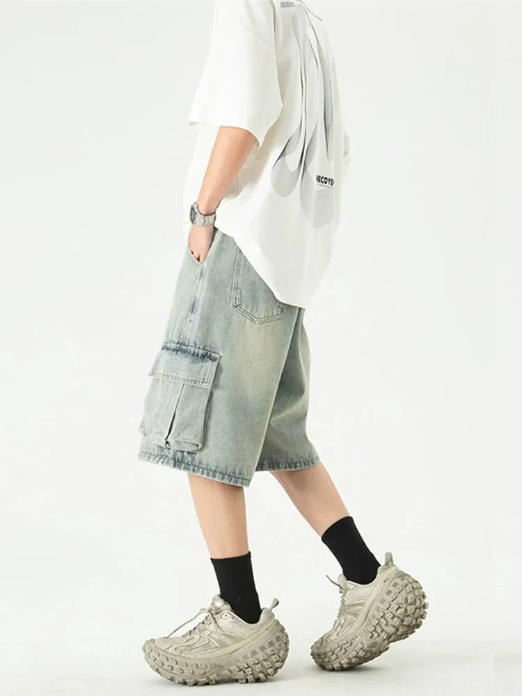 Faded Denim Bermuda Shorts with Cargo Pockets