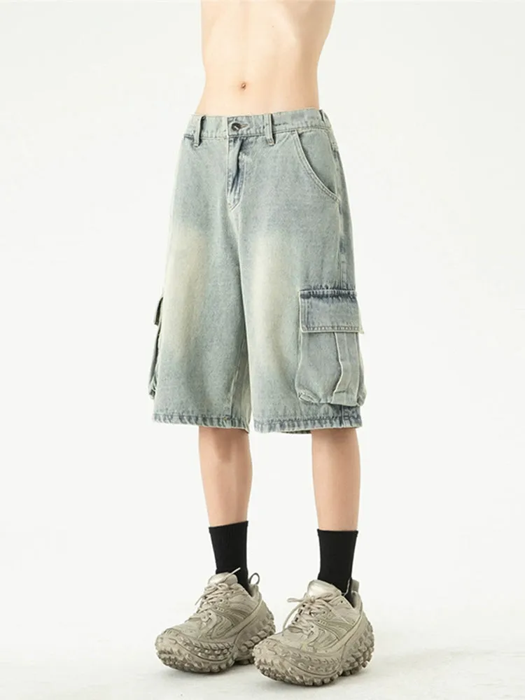 Faded Denim Bermuda Shorts with Cargo Pockets