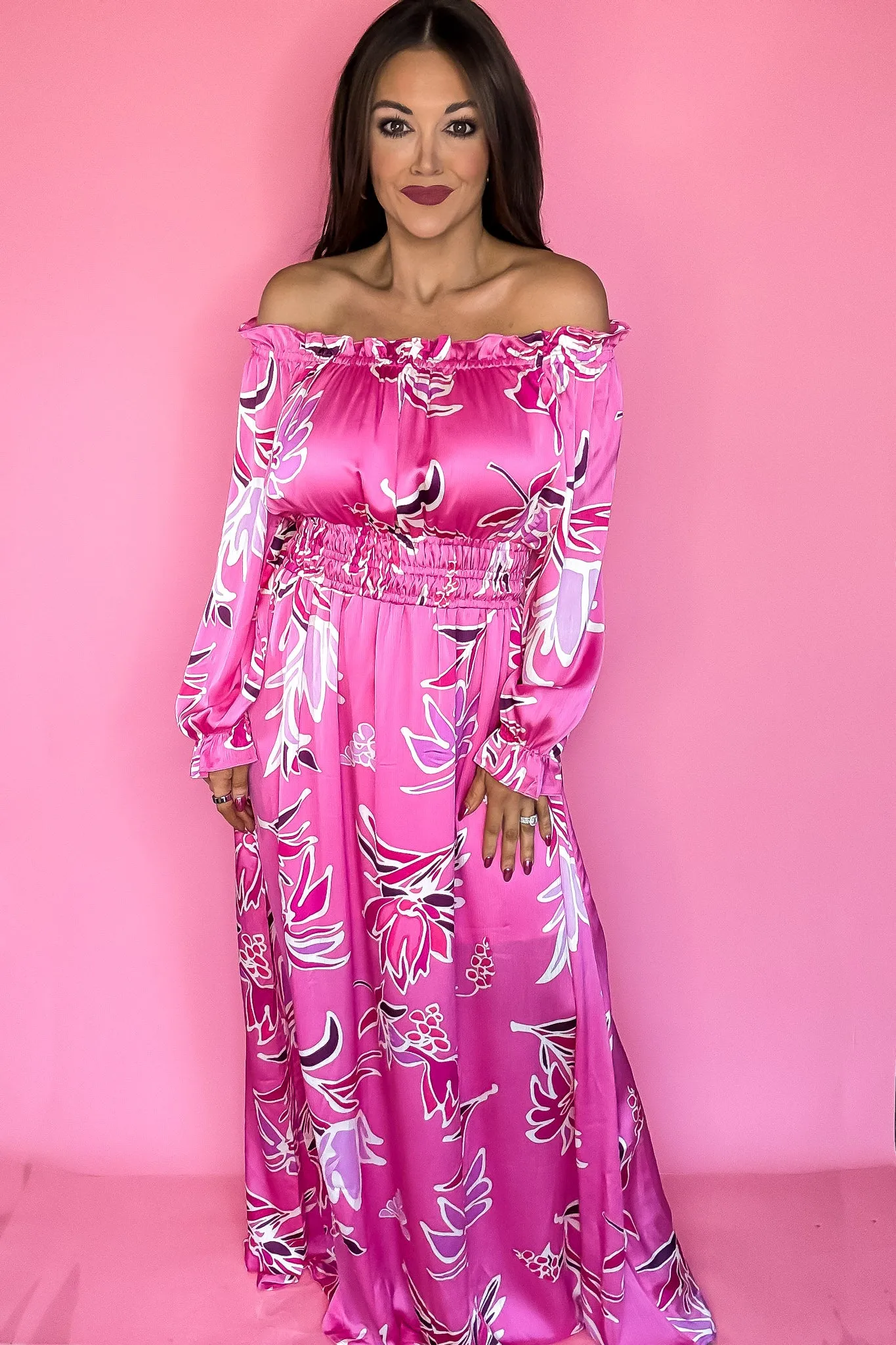 Hot Pink Off Shoulder Floral Print Maxi Dress