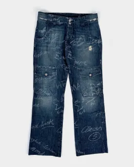 Iceberg Lettering Dark Denim Cargo Pants 2000's