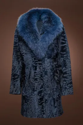 Indigo Blue Mid-Length Karakul Fur Coat - Fox Fur Collar