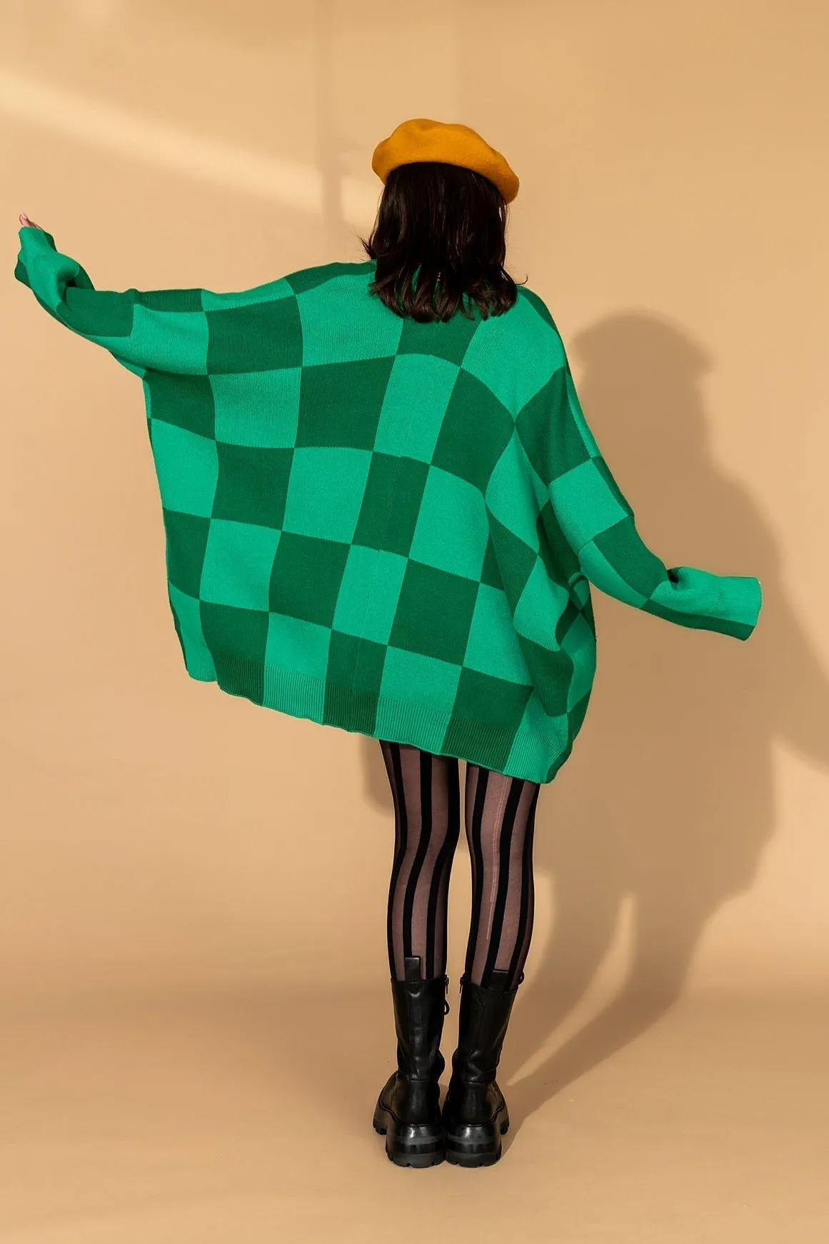 Love You Oversized Checkerboard Cardigan in Green Girl