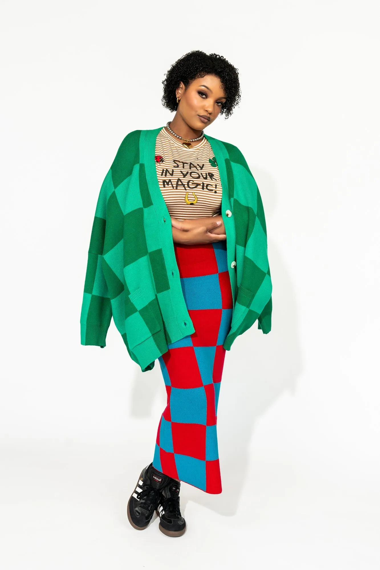 Love You Oversized Checkerboard Cardigan in Green Girl