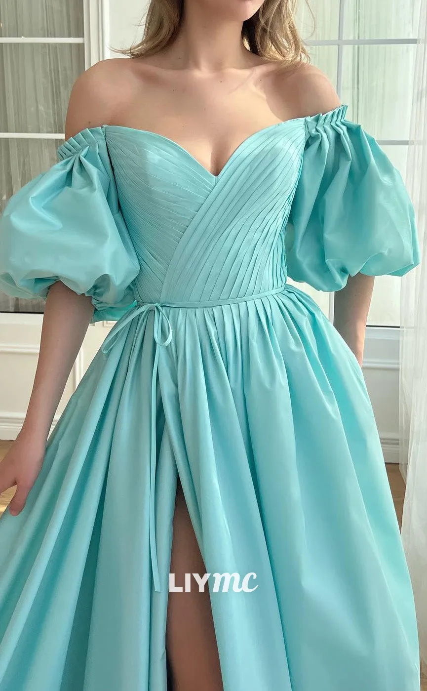 LP2188 - Off-Shoulder Puff Sleeves High Slit A-Line Prom Dress