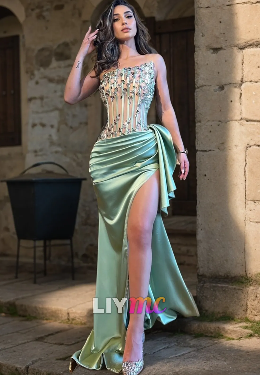 LP2311 - Asymmetrical Sleeveless Beaded Ruched High Slit Prom Dress