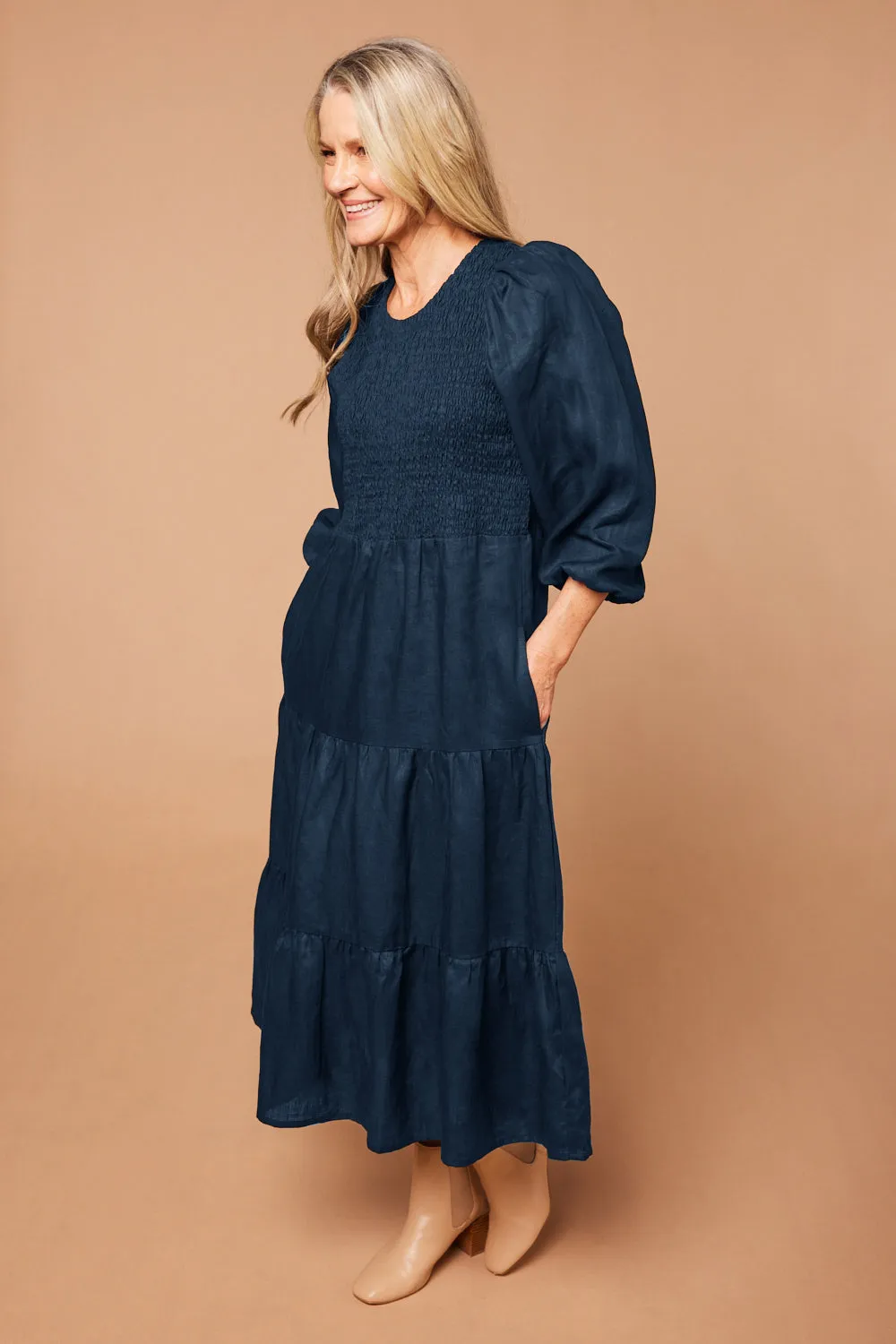 Minden Linen Long Sleeve Shirred Dress in Navy