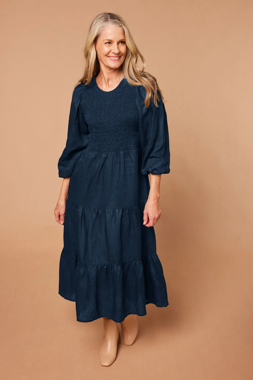 Minden Linen Long Sleeve Shirred Dress in Navy