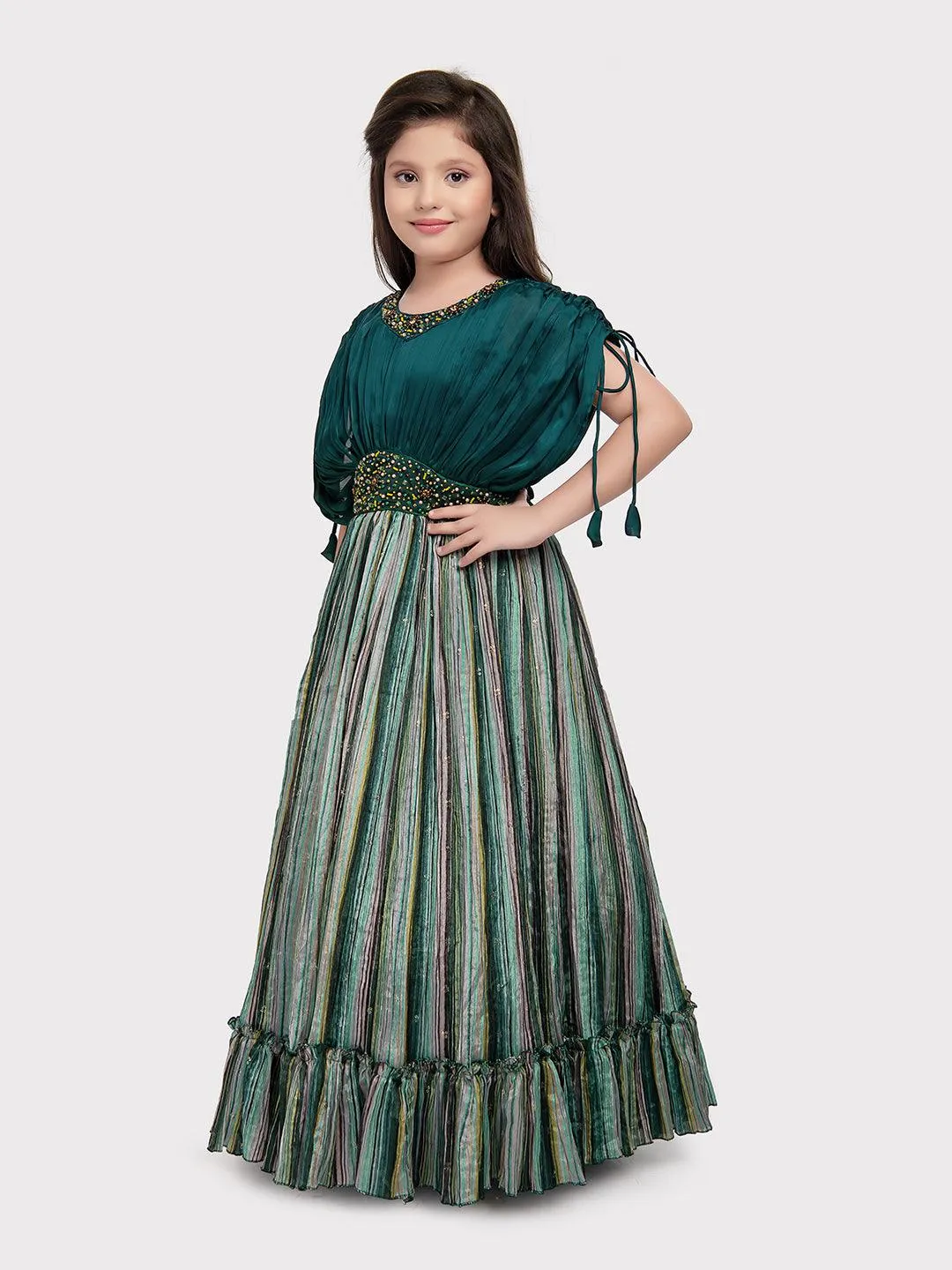 Rama Green Coloured Butterfly Style Sleeves Multicolour Striped Gown For Girls