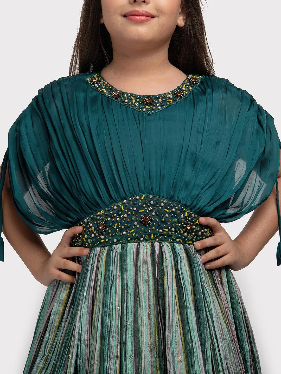 Rama Green Coloured Butterfly Style Sleeves Multicolour Striped Gown For Girls