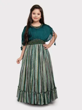 Rama Green Coloured Butterfly Style Sleeves Multicolour Striped Gown For Girls