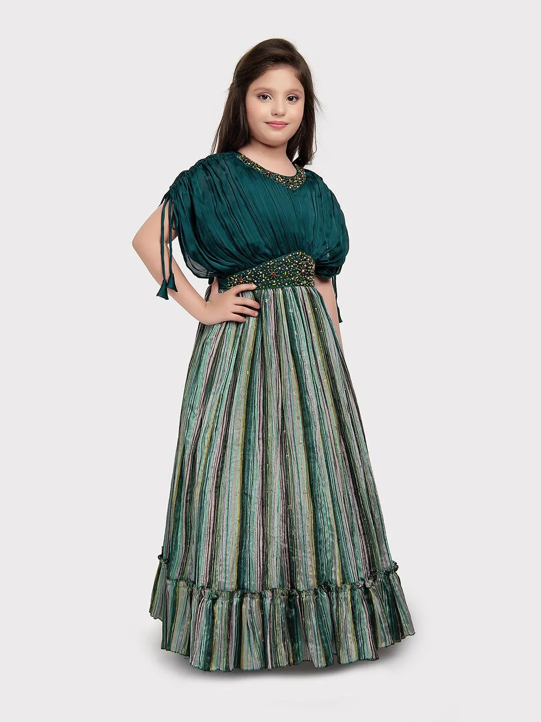 Rama Green Coloured Butterfly Style Sleeves Multicolour Striped Gown For Girls