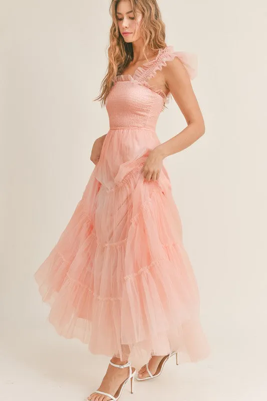 RUFFLED TULLE MAXI DRESS IN BLUSH