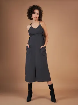 Women Dark Grey Front Pockets Parachute Dungaree Dress