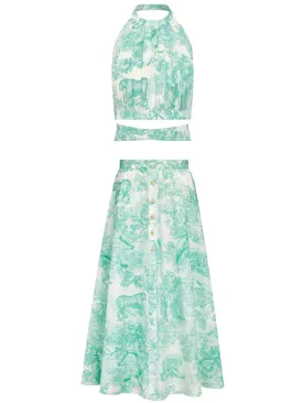 Women’s Backless Cropped Top and mid-Length Skirt Set with Toile de Jouy Print