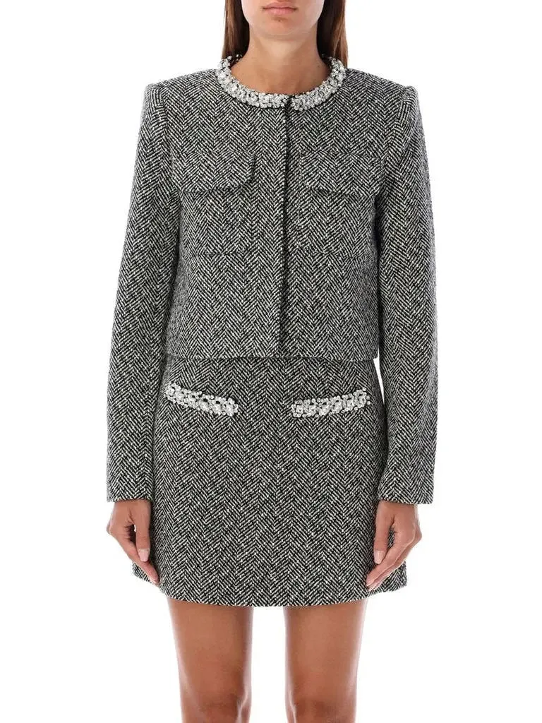 Women’s Cropped Embellished Herringbone Jacket and Skirt Set